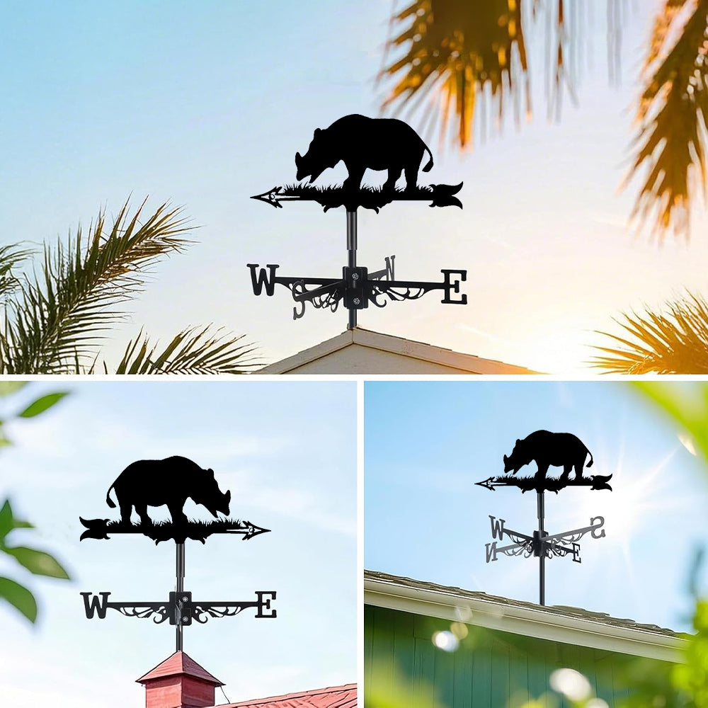 Rhino metal weather vane with directional arrows and mounting rod, outdoor roof and garden decoration
