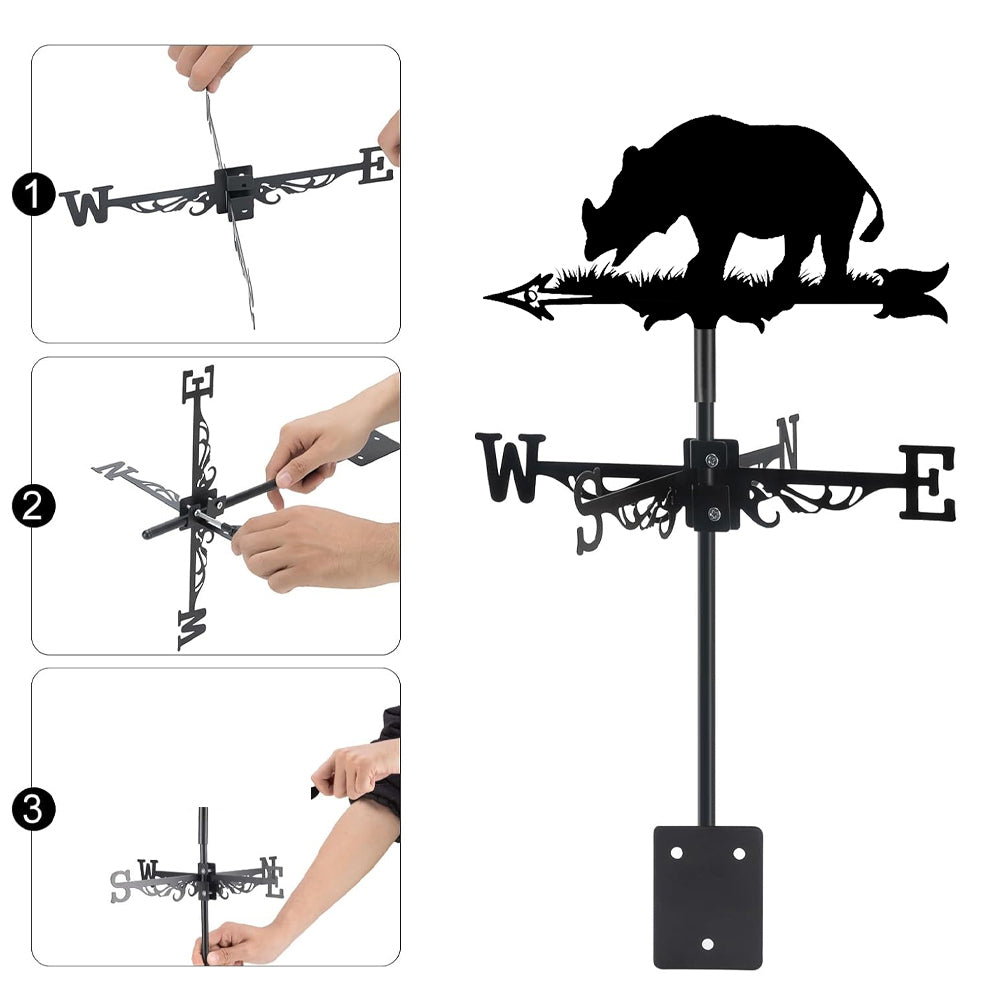 Rhino metal weather vane with directional arrows and mounting rod, outdoor roof and garden decoration