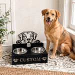 Personalized rhodesian ridgeback dog metal dog bowl stand with custom name cutout and two removable feeding bowls