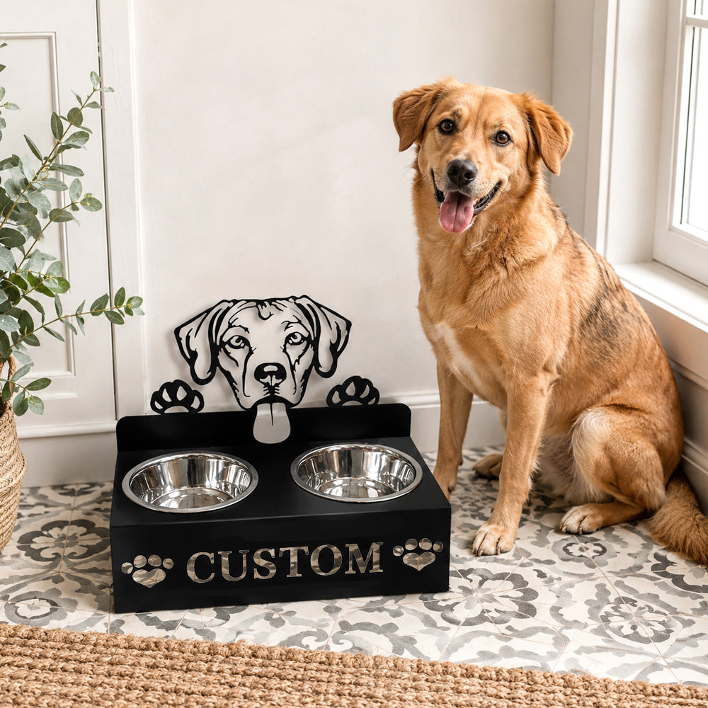 Personalized rhodesian ridgeback dog metal dog bowl stand with custom name cutout and two removable feeding bowls