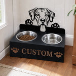 Personalized rhodesian ridgeback dog metal dog bowl stand with custom name cutout and two removable feeding bowls