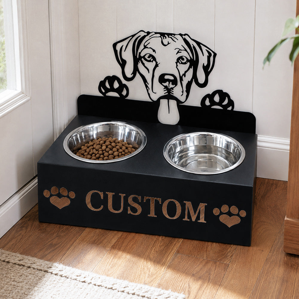Personalized rhodesian ridgeback dog metal dog bowl stand with custom name cutout and two removable feeding bowls
