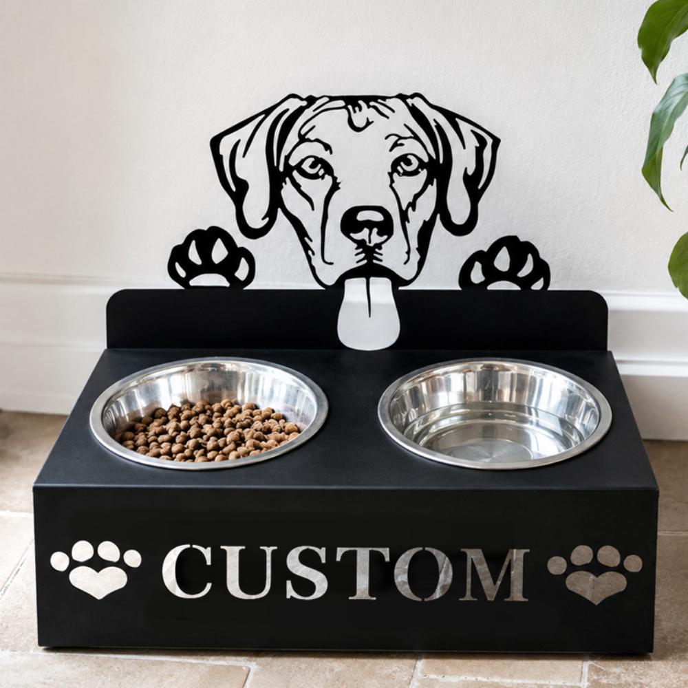 Personalized rhodesian ridgeback dog metal dog bowl stand with custom name cutout and two removable feeding bowls