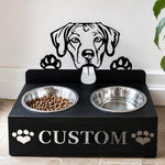 Personalized rhodesian ridgeback dog metal dog bowl stand with custom name cutout and two removable feeding bowls