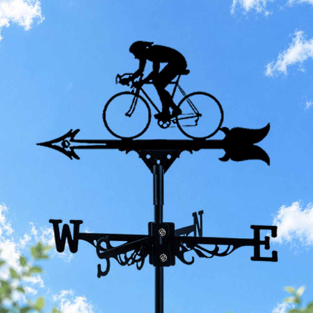 Road bike cyclist metal weather vane with directional arrows and mounting rod, outdoor roof and garden decoration