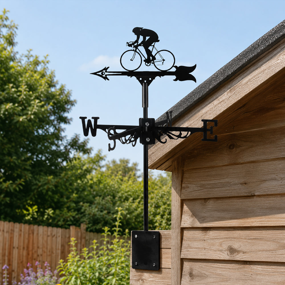 Road bike cyclist metal weather vane with directional arrows and mounting rod, outdoor roof and garden decoration