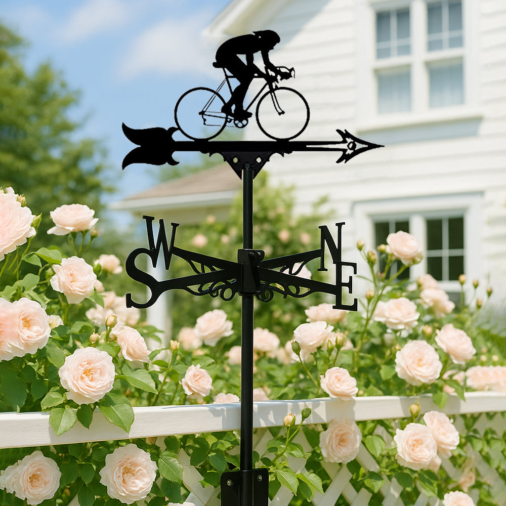 Road bike cyclist metal weather vane with directional arrows and mounting rod, outdoor roof and garden decoration