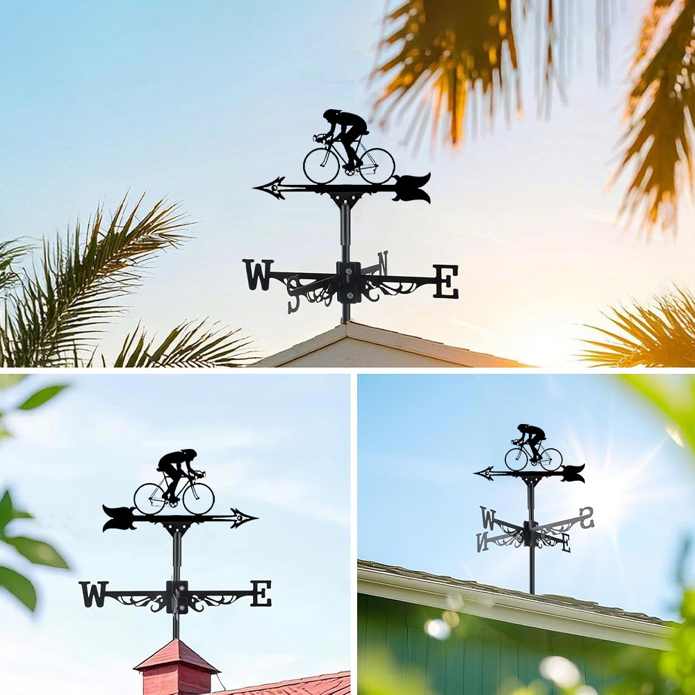 Road bike cyclist metal weather vane with directional arrows and mounting rod, outdoor roof and garden decoration