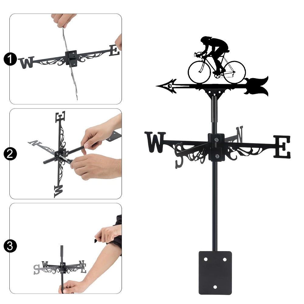 Road bike cyclist metal weather vane with directional arrows and mounting rod, outdoor roof and garden decoration