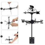 Road bike cyclist metal weather vane with directional arrows and mounting rod, outdoor roof and garden decoration