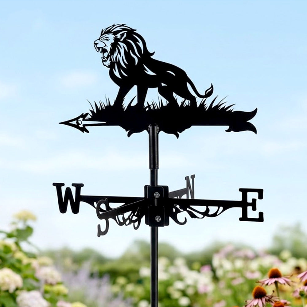 Roaring lion metal weather vane with directional arrows and mounting rod, outdoor roof and garden decoration