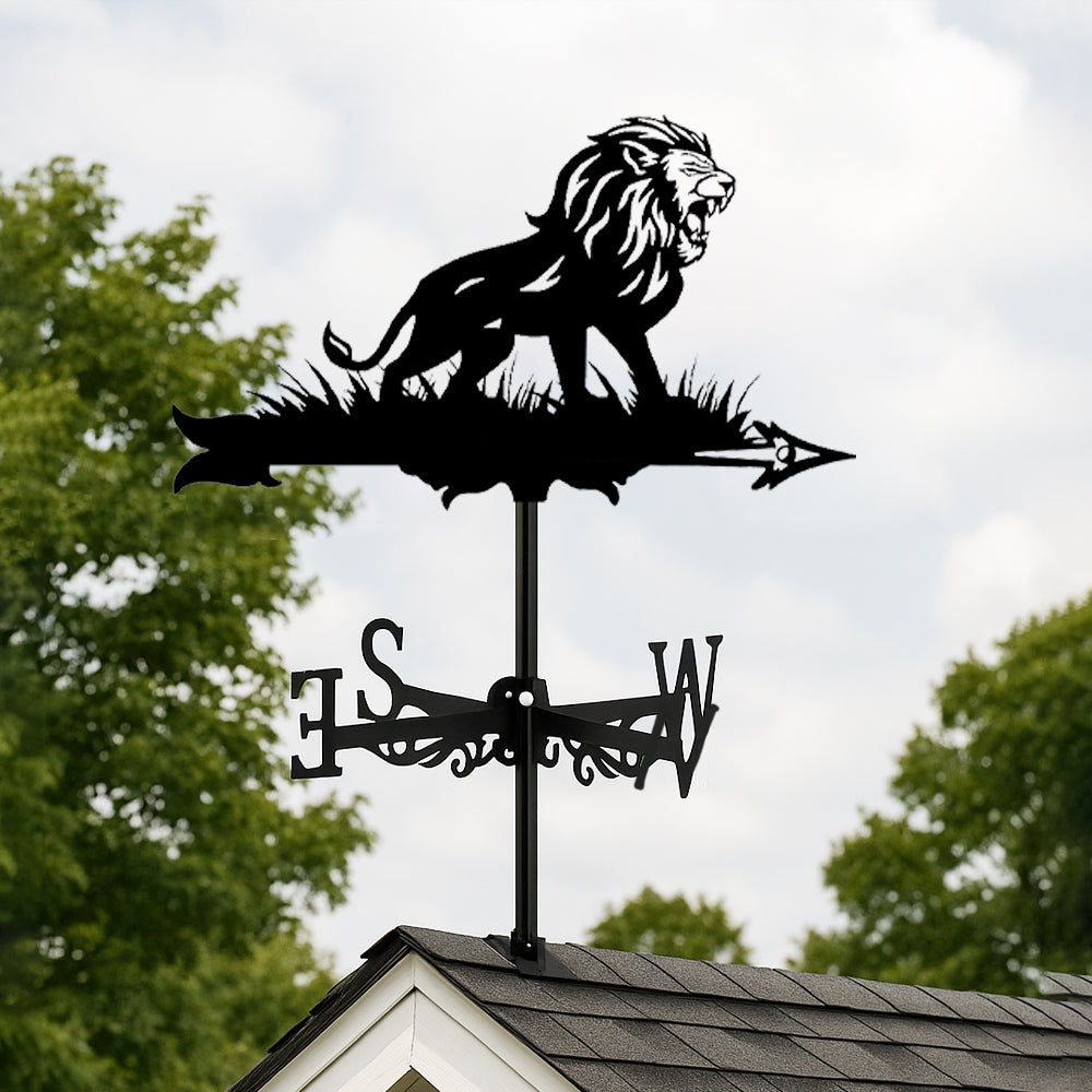 Roaring lion metal weather vane with directional arrows and mounting rod, outdoor roof and garden decoration