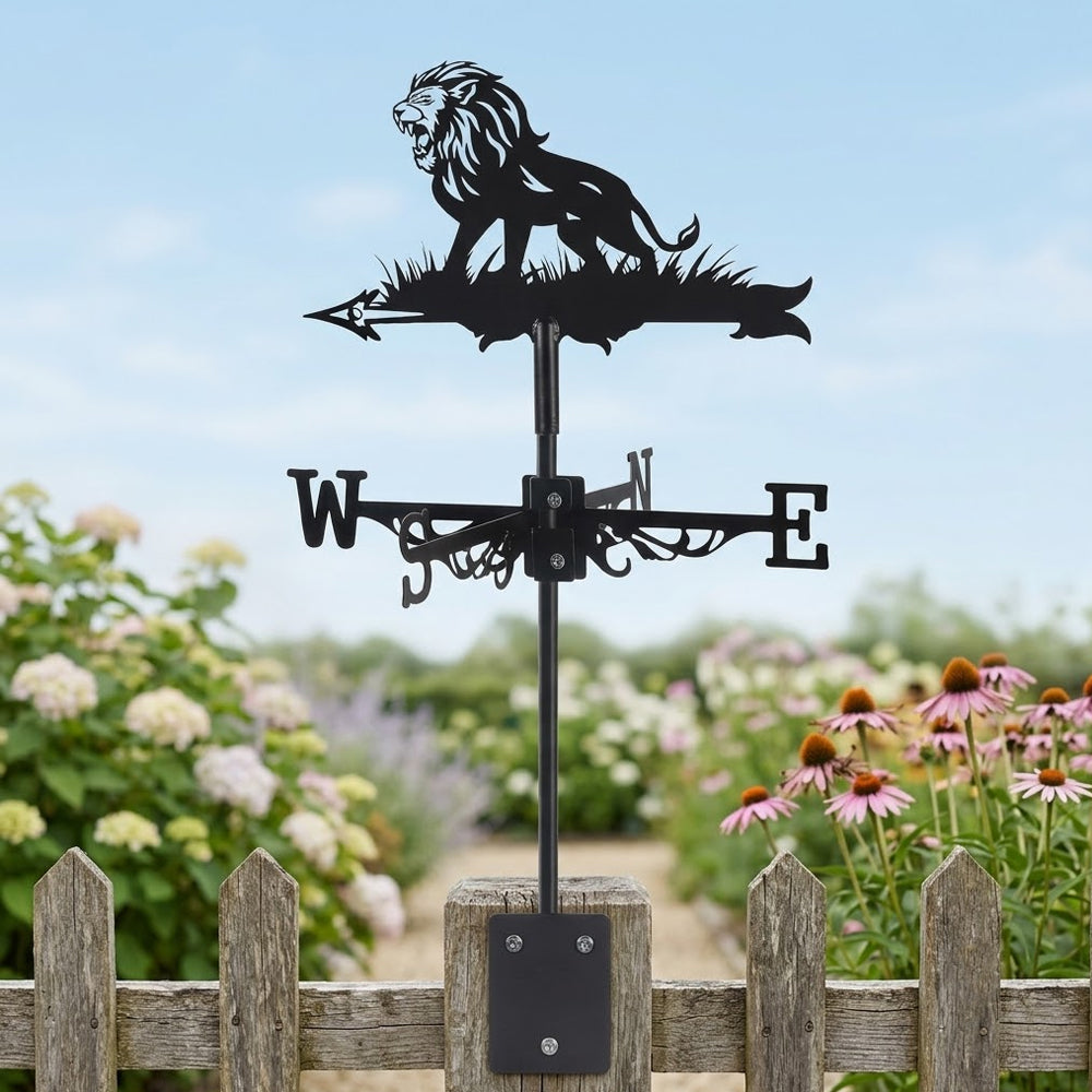 Roaring lion metal weather vane with directional arrows and mounting rod, outdoor roof and garden decoration