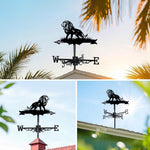 Roaring lion metal weather vane with directional arrows and mounting rod, outdoor roof and garden decoration