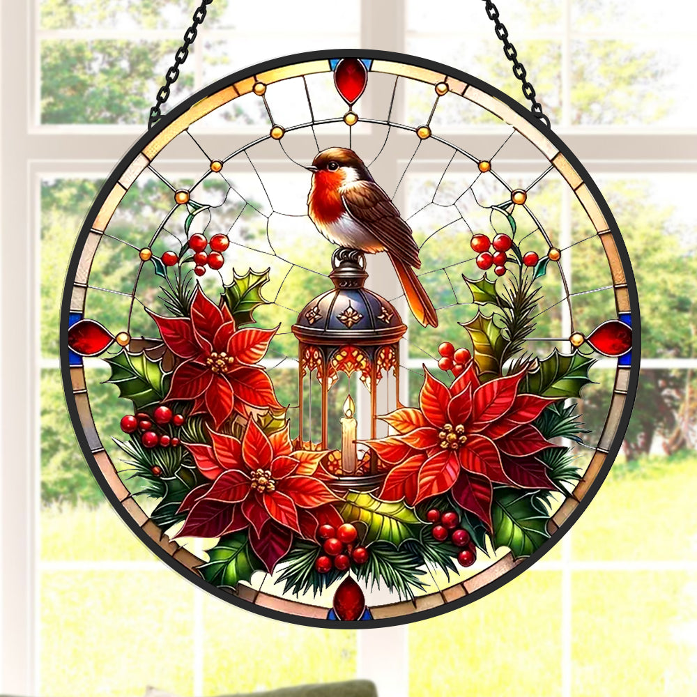 Robin lantern poinsettia stained glass suncatcher window hanging, suitable for home and garden decoration