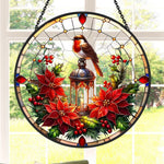 Robin lantern poinsettia stained glass suncatcher window hanging, suitable for home and garden decoration