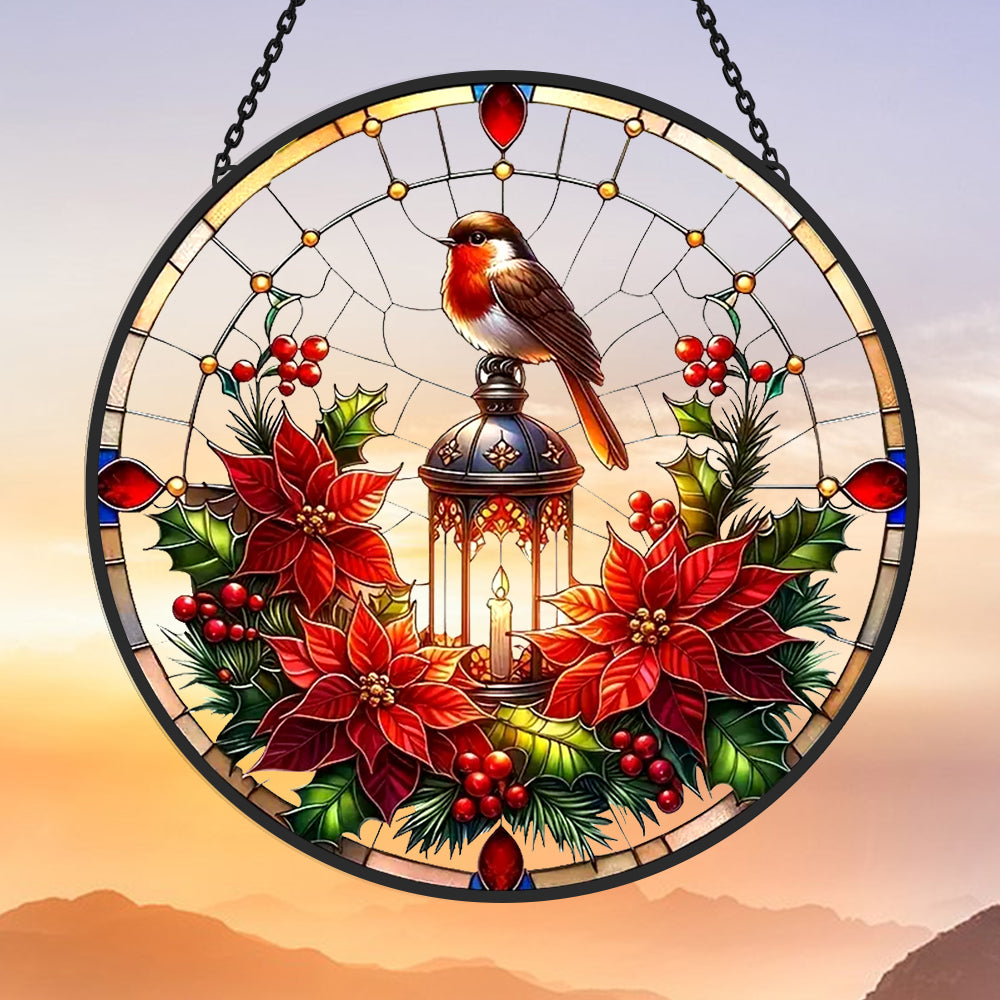 Robin lantern poinsettia stained glass suncatcher window hanging, suitable for home and garden decoration