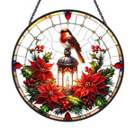 Robin lantern poinsettia stained glass suncatcher window hanging, suitable for home and garden decoration