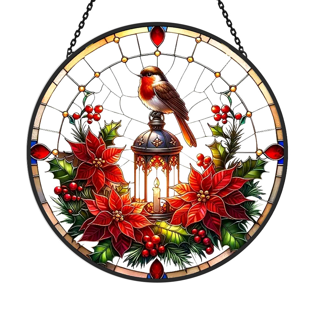 Robin lantern poinsettia stained glass suncatcher window hanging, suitable for home and garden decoration