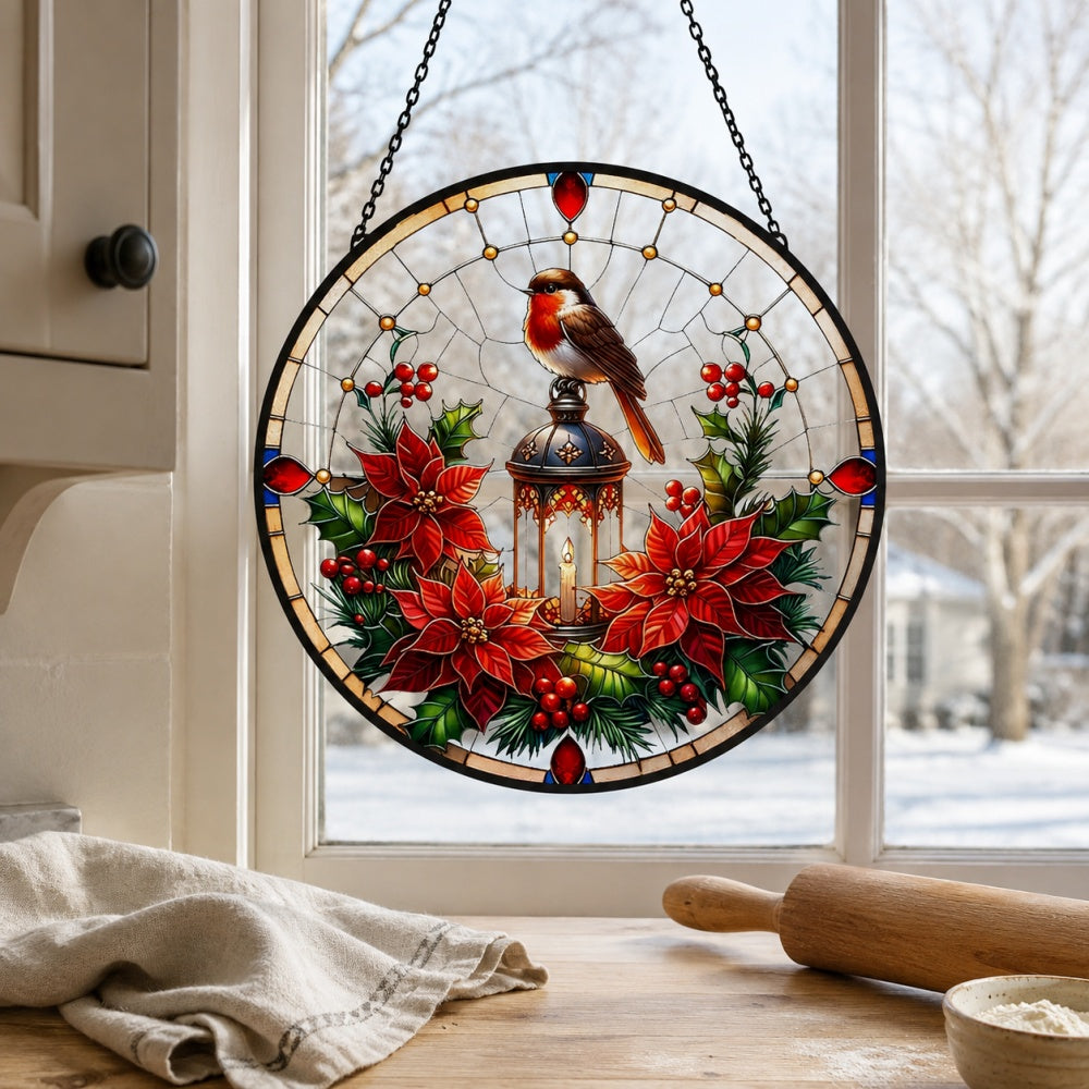 Robin lantern poinsettia stained glass suncatcher window hanging, suitable for home and garden decoration