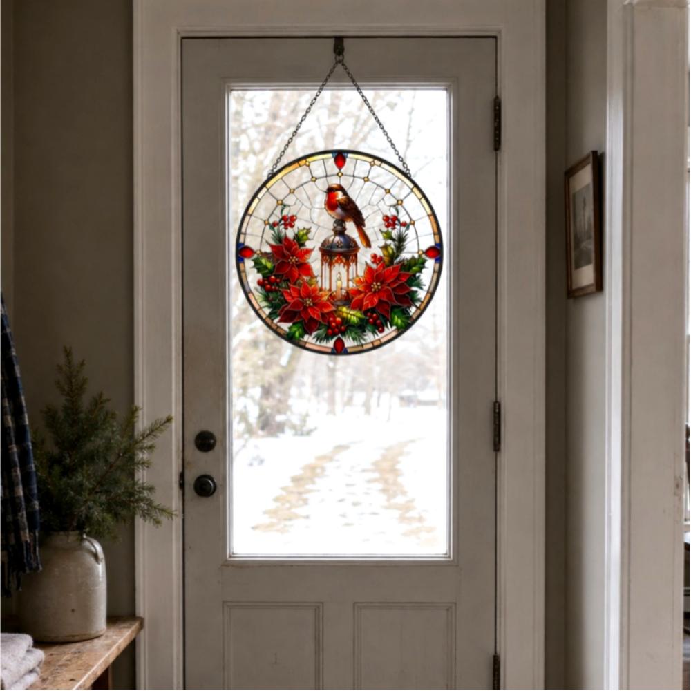 Robin lantern poinsettia stained glass suncatcher window hanging, suitable for home and garden decoration