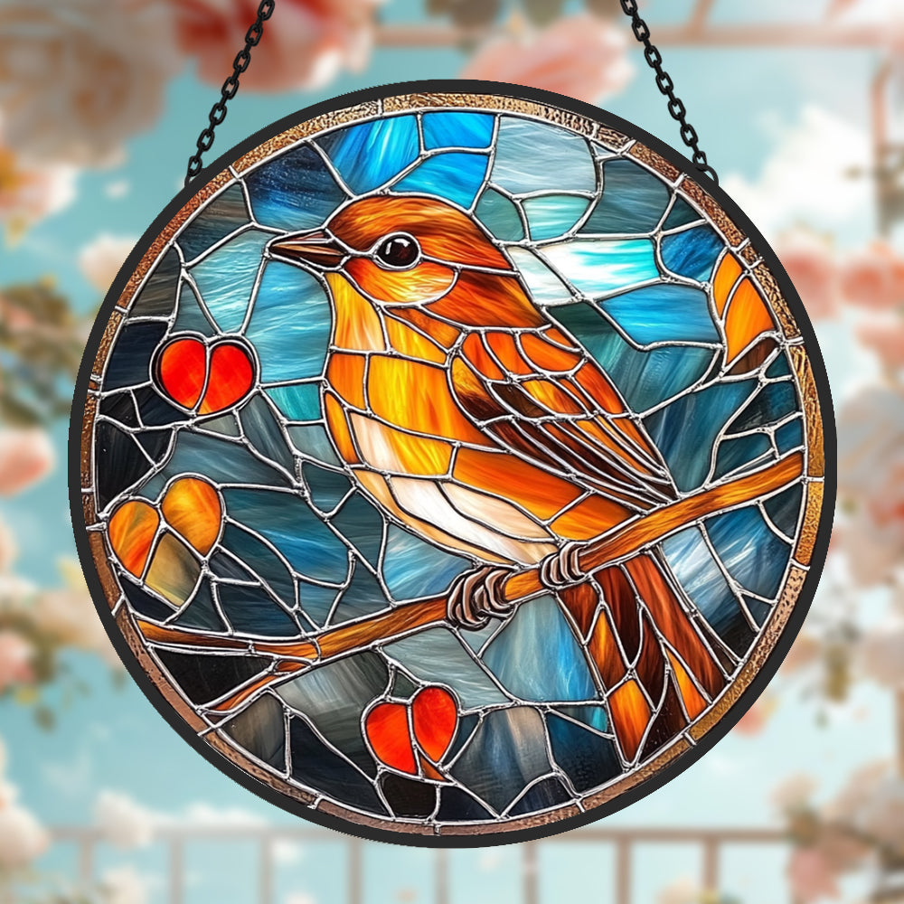 Robin with hearts stained glass suncatcher window hanging, suitable for home and garden decoration
