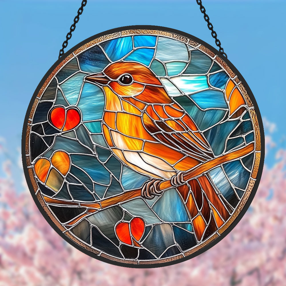 Robin with hearts stained glass suncatcher window hanging, suitable for home and garden decoration