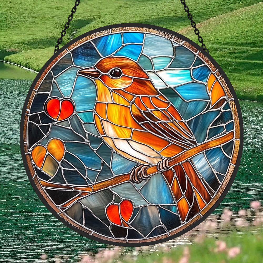 Robin with hearts stained glass suncatcher window hanging, suitable for home and garden decoration