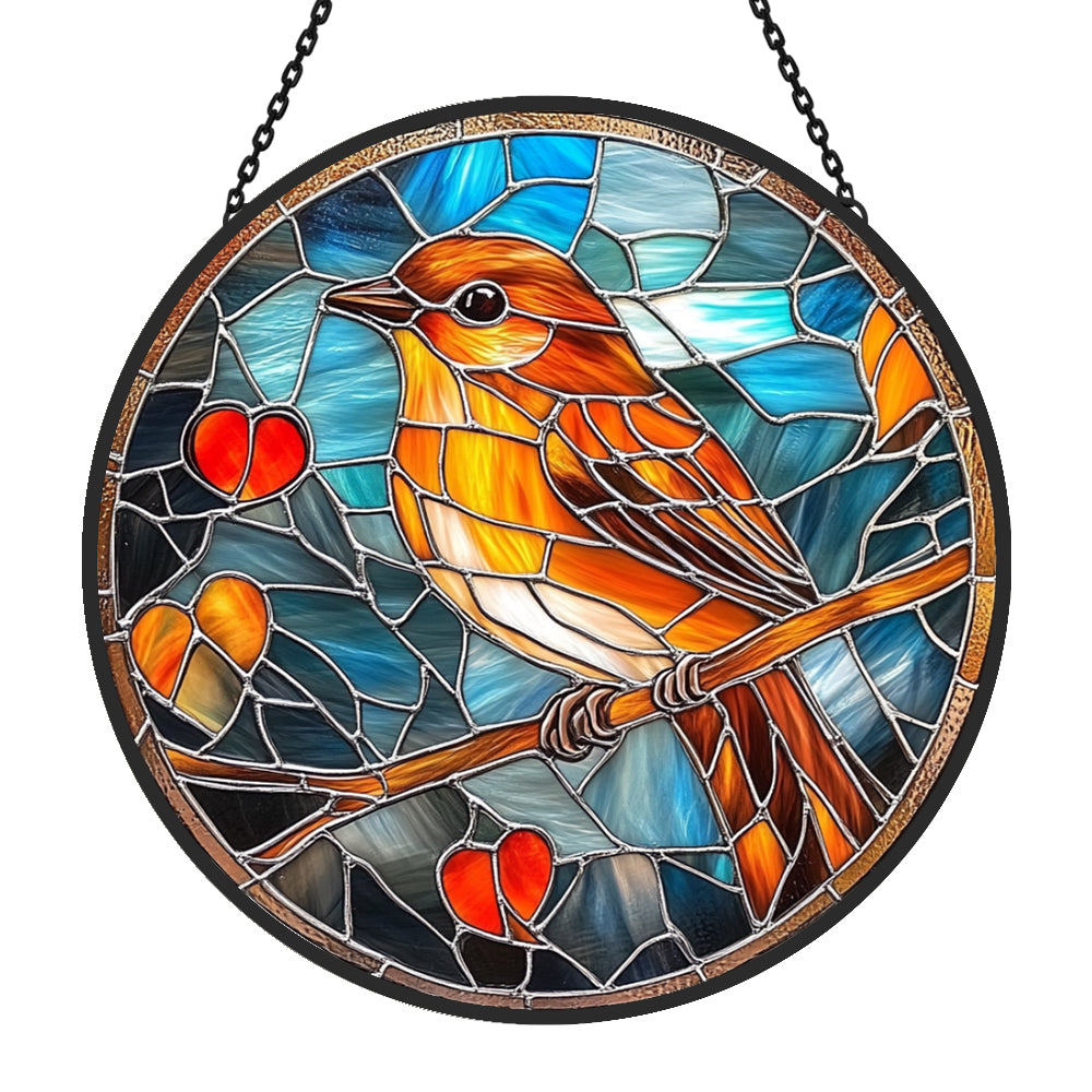 Robin with hearts stained glass suncatcher window hanging, suitable for home and garden decoration