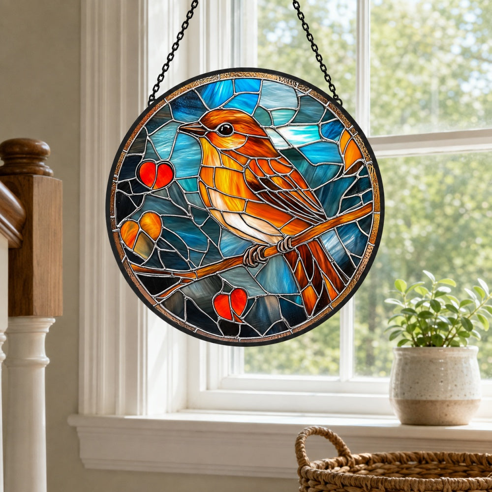 Robin with hearts stained glass suncatcher window hanging, suitable for home and garden decoration