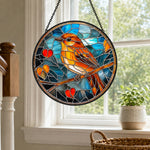 Robin with hearts stained glass suncatcher window hanging, suitable for home and garden decoration