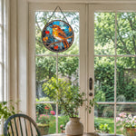 Robin with hearts stained glass suncatcher window hanging, suitable for home and garden decoration