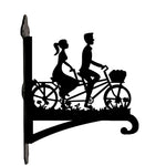 Romantic couple on tandem bicycle metal hanging basket bracket mounted on outdoor wall for plant decoration