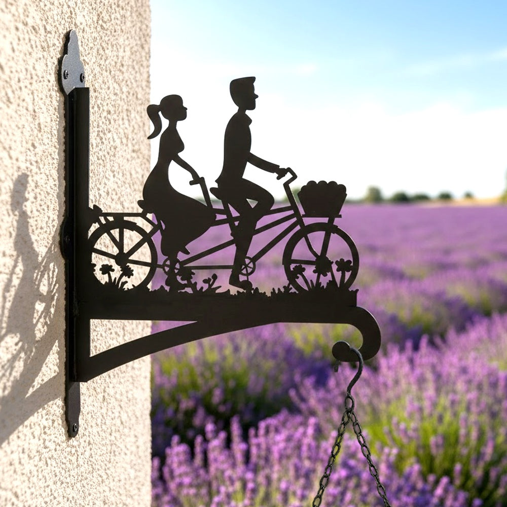 Romantic couple on tandem bicycle metal hanging basket bracket mounted on outdoor wall for plant decoration