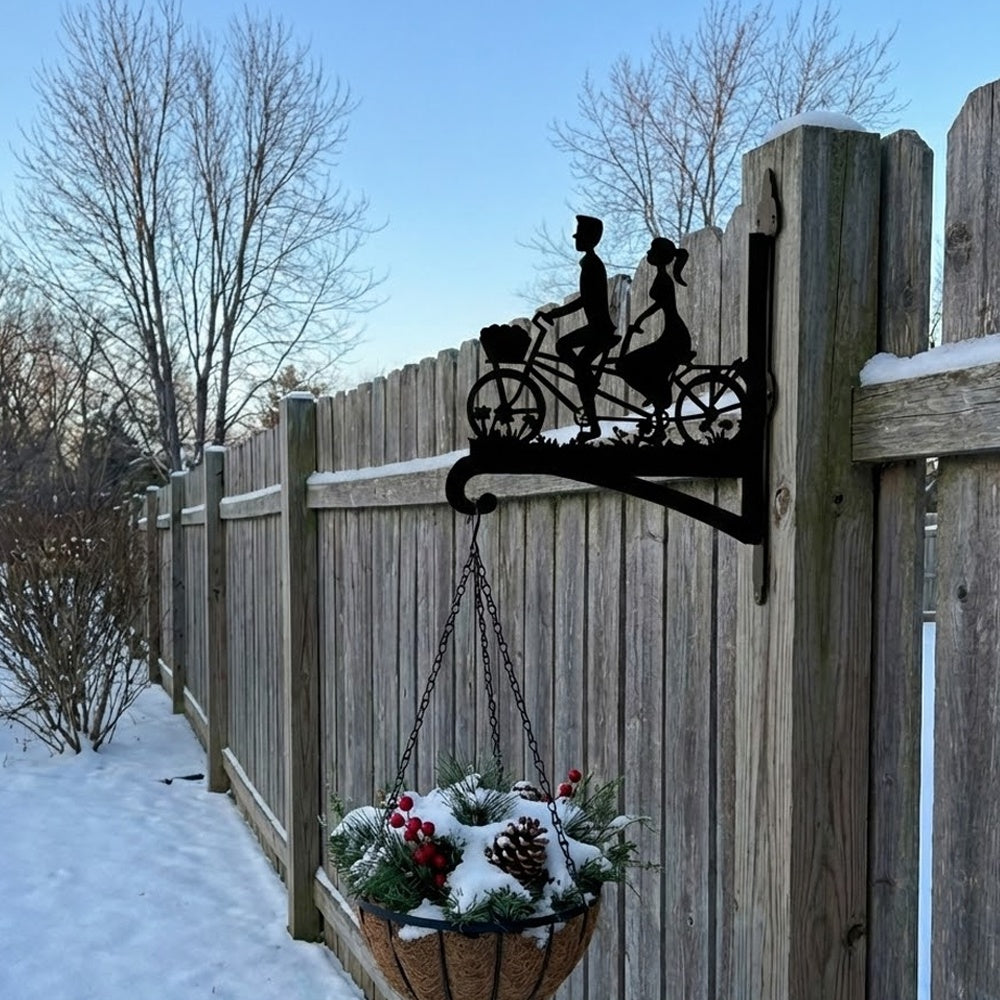 Romantic couple on tandem bicycle metal hanging basket bracket mounted on outdoor wall for plant decoration