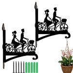 Romantic couple on tandem bicycle metal hanging basket bracket mounted on outdoor wall for plant decoration