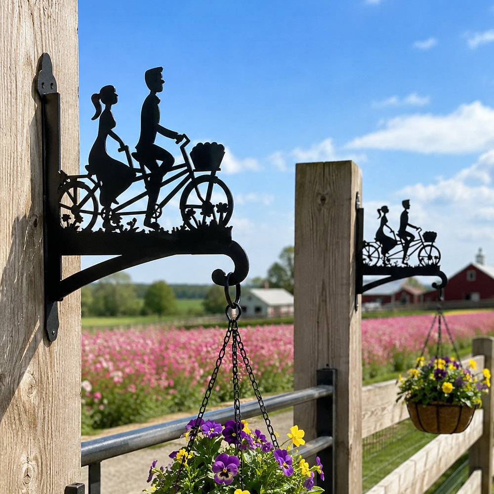 Romantic couple on tandem bicycle metal hanging basket bracket mounted on outdoor wall for plant decoration