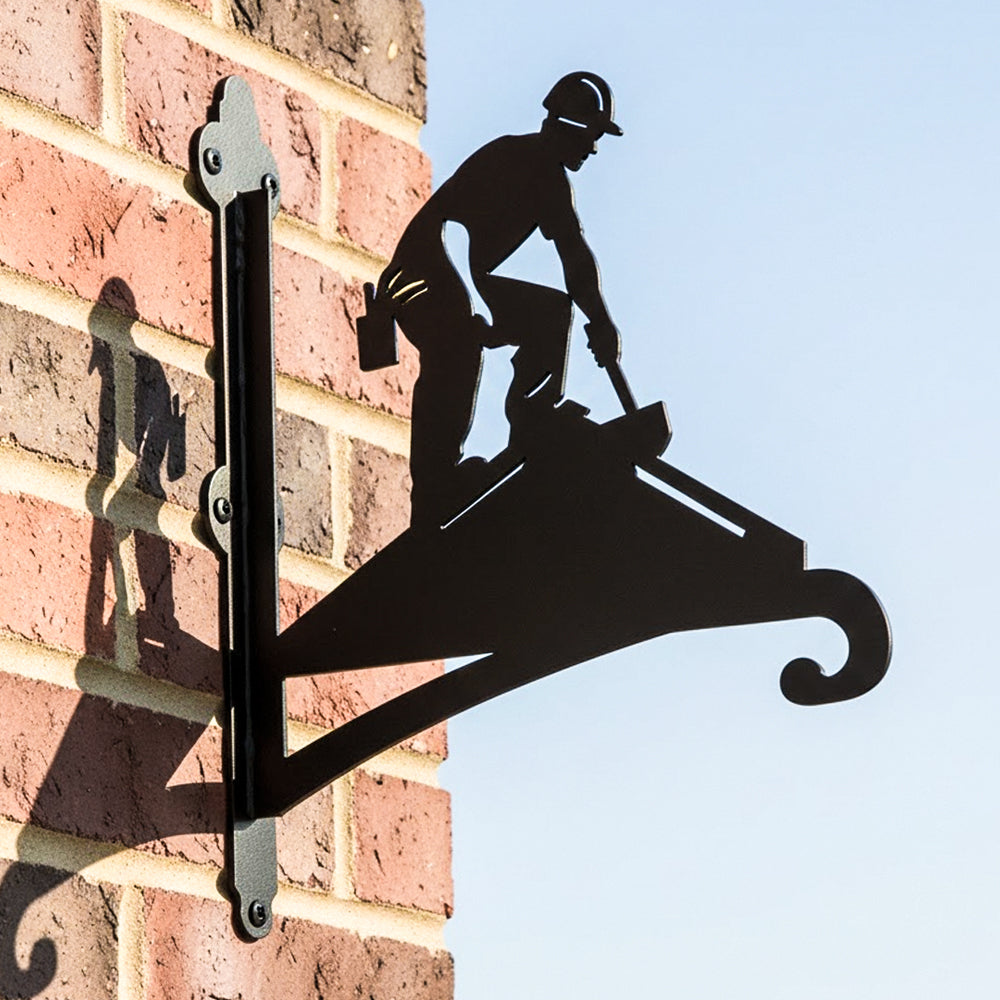 Roofer construction worker metal hanging basket bracket mounted on outdoor wall for plant decoration
