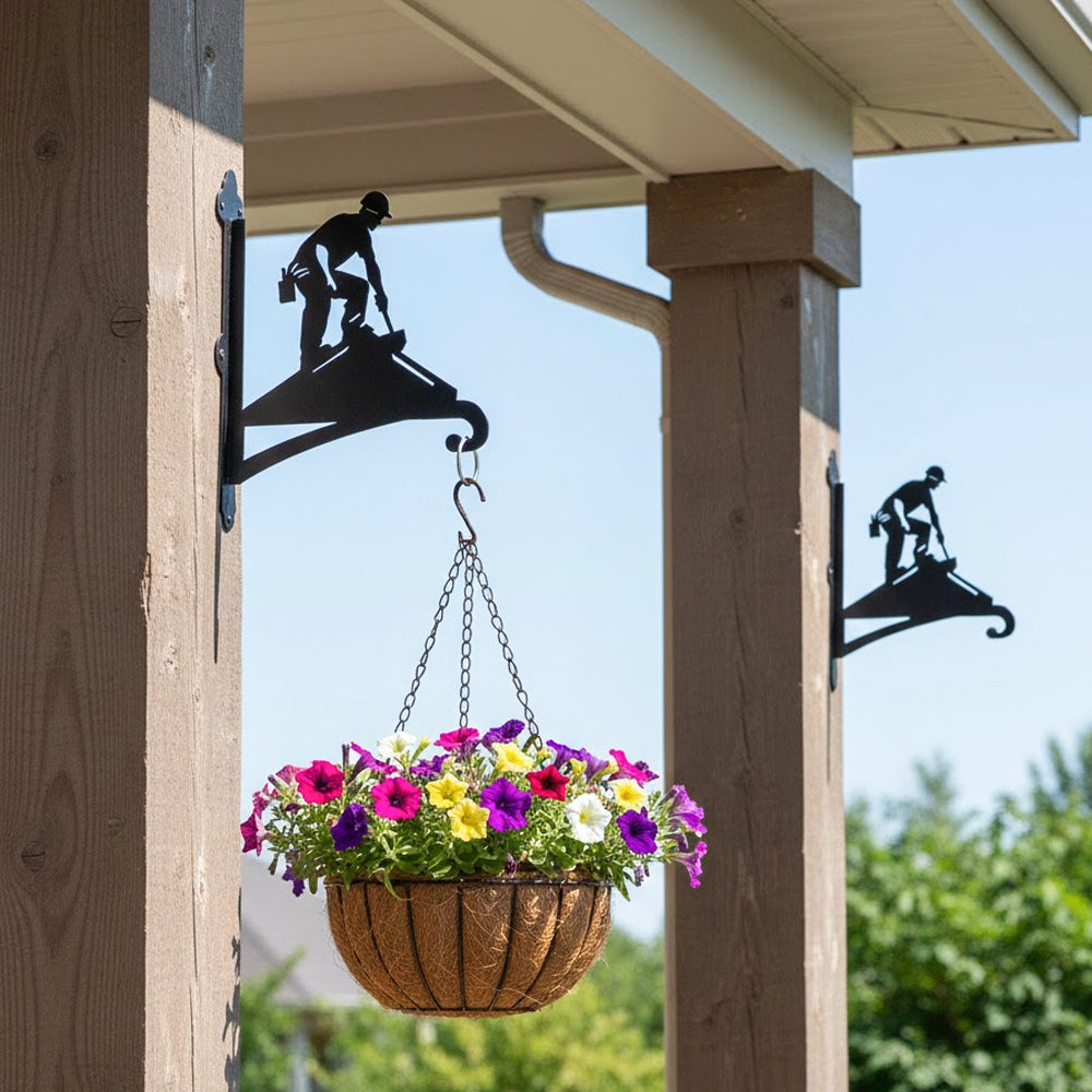 Roofer construction worker metal hanging basket bracket mounted on outdoor wall for plant decoration