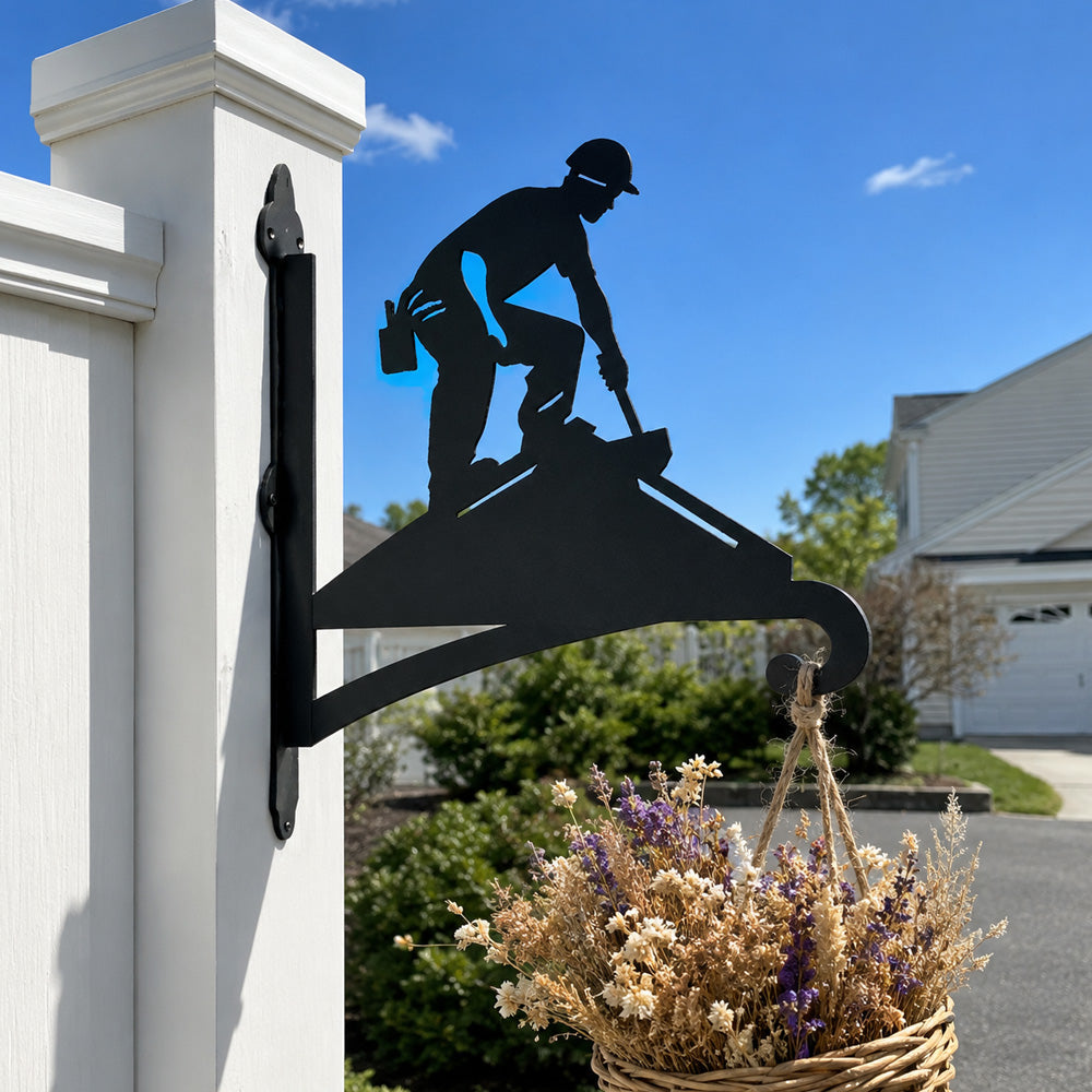 Roofer construction worker metal hanging basket bracket mounted on outdoor wall for plant decoration