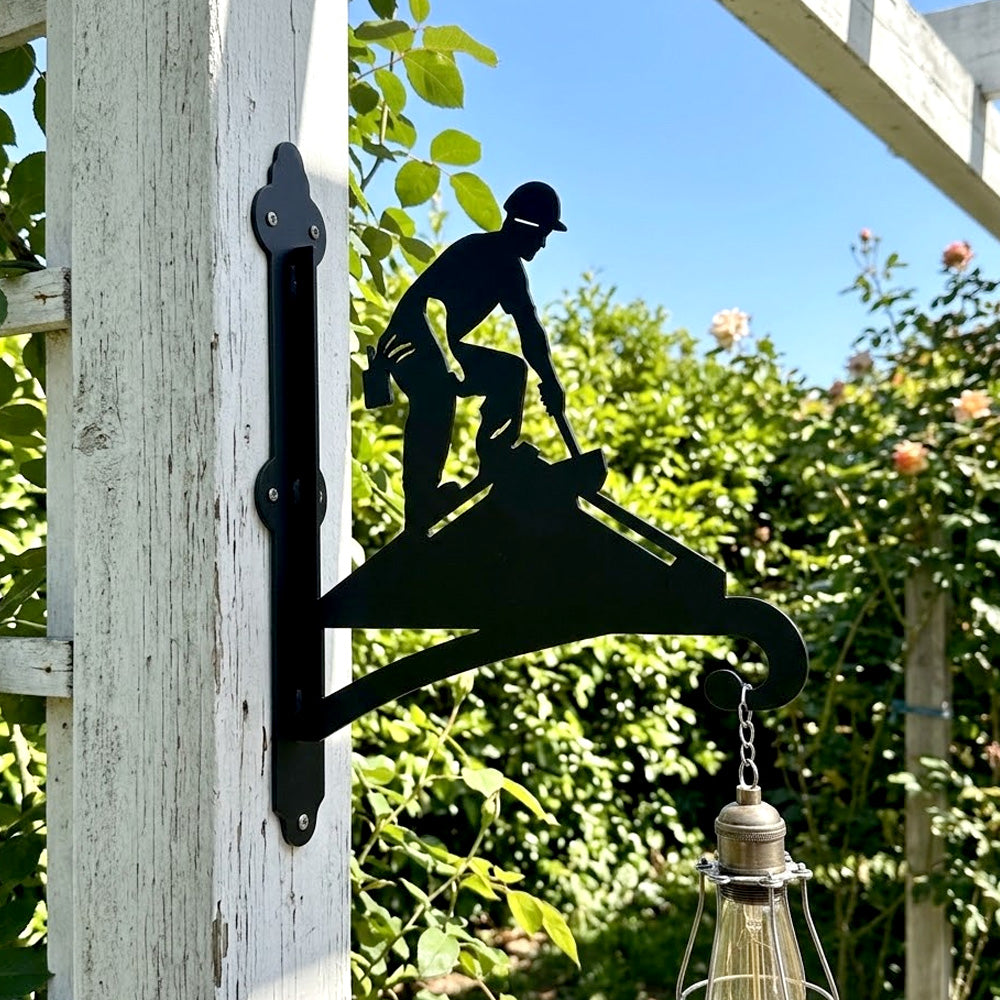 Roofer construction worker metal hanging basket bracket mounted on outdoor wall for plant decoration