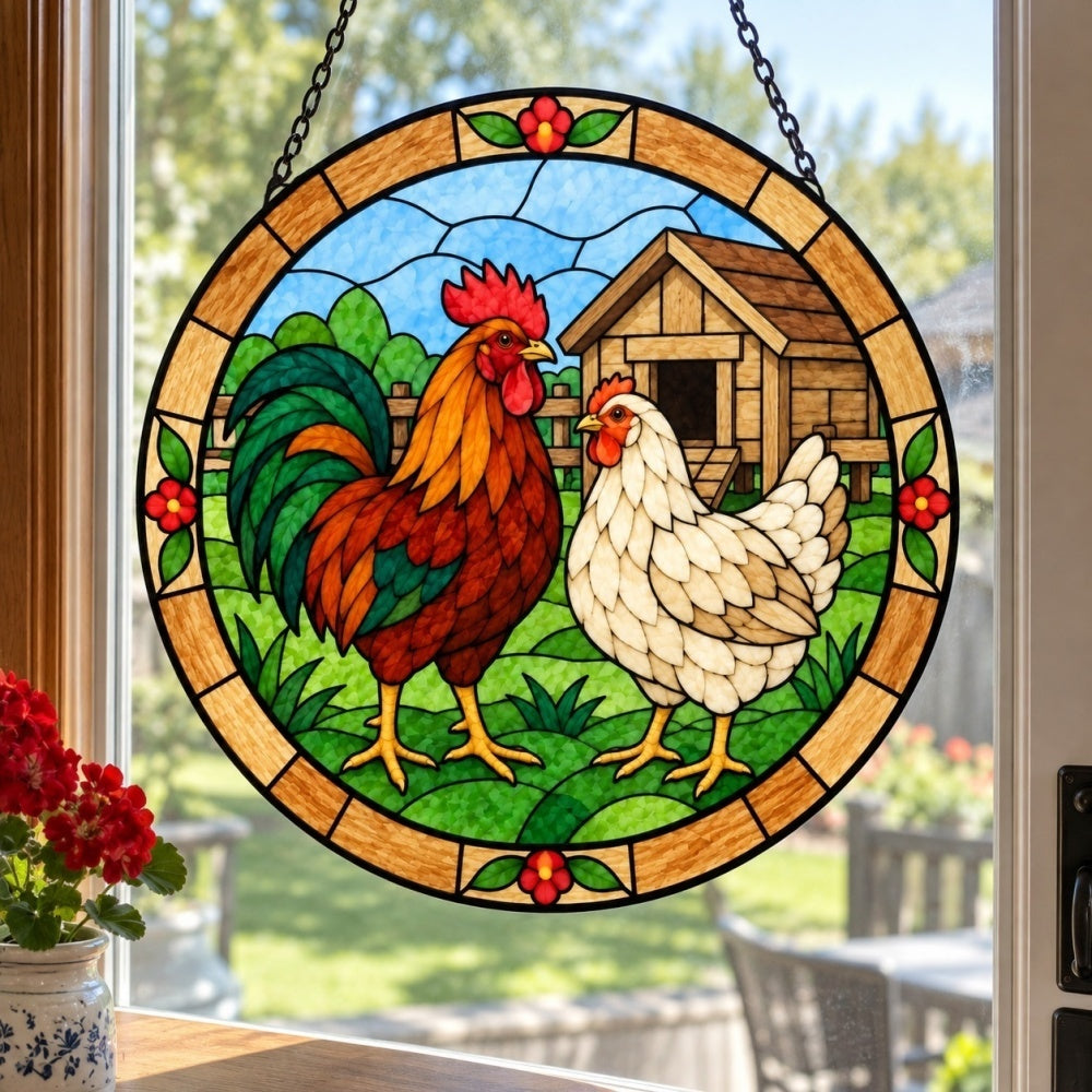 Rooster and hen stained glass suncatcher window hanging, suitable for home and garden decoration