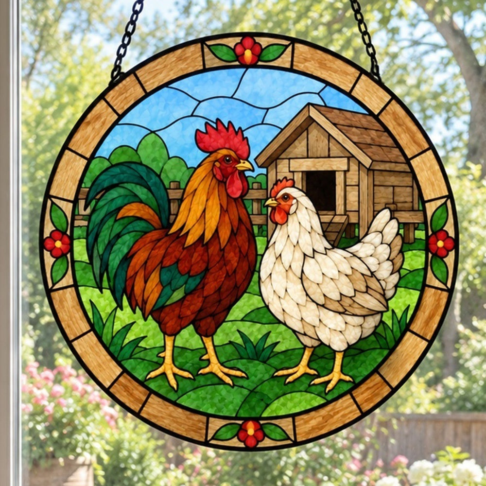 Rooster and hen stained glass suncatcher window hanging, suitable for home and garden decoration