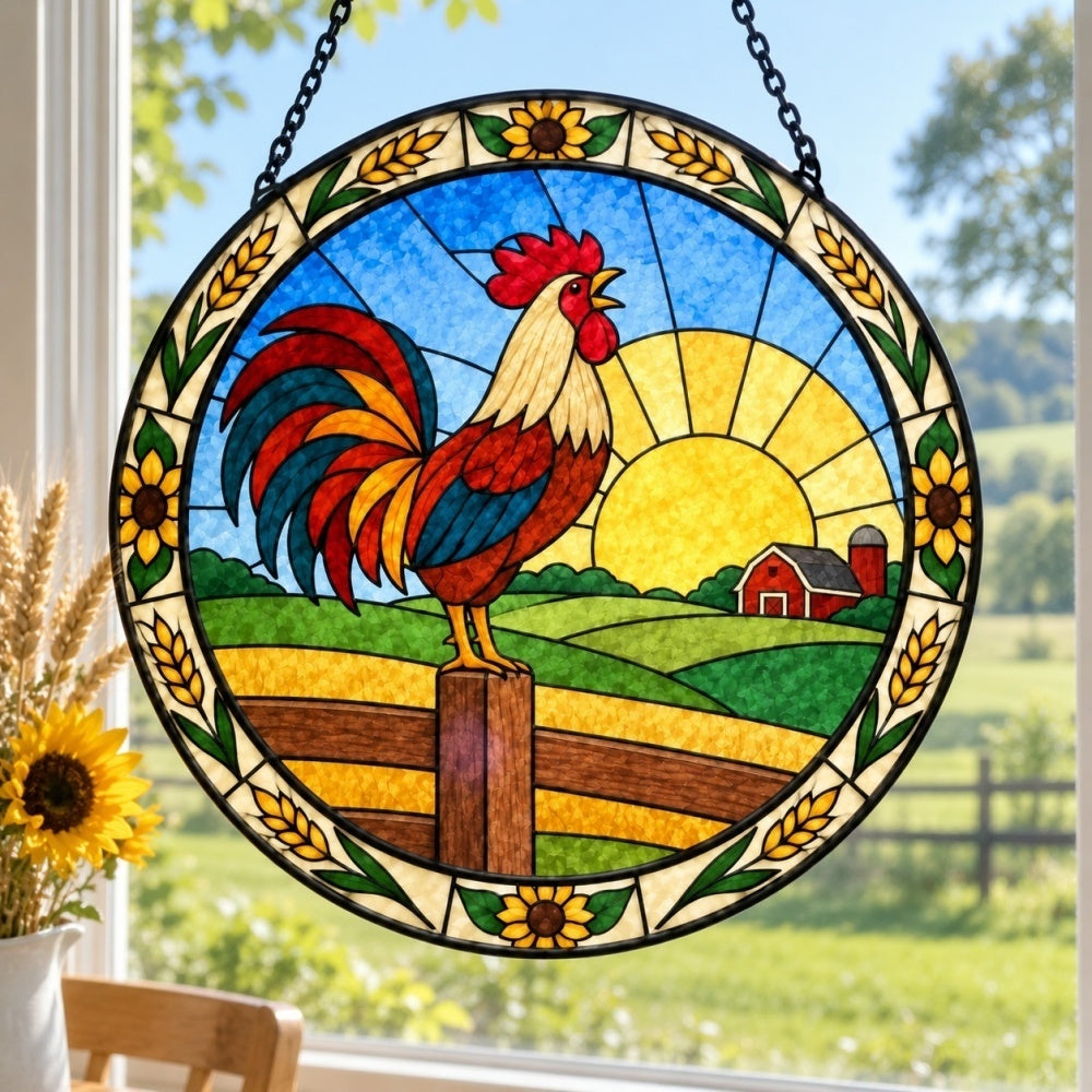Rooster crowing stained glass suncatcher window hanging, suitable for home and garden decoration