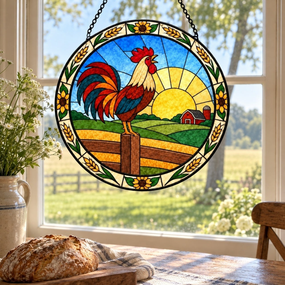 Rooster crowing stained glass suncatcher window hanging, suitable for home and garden decoration