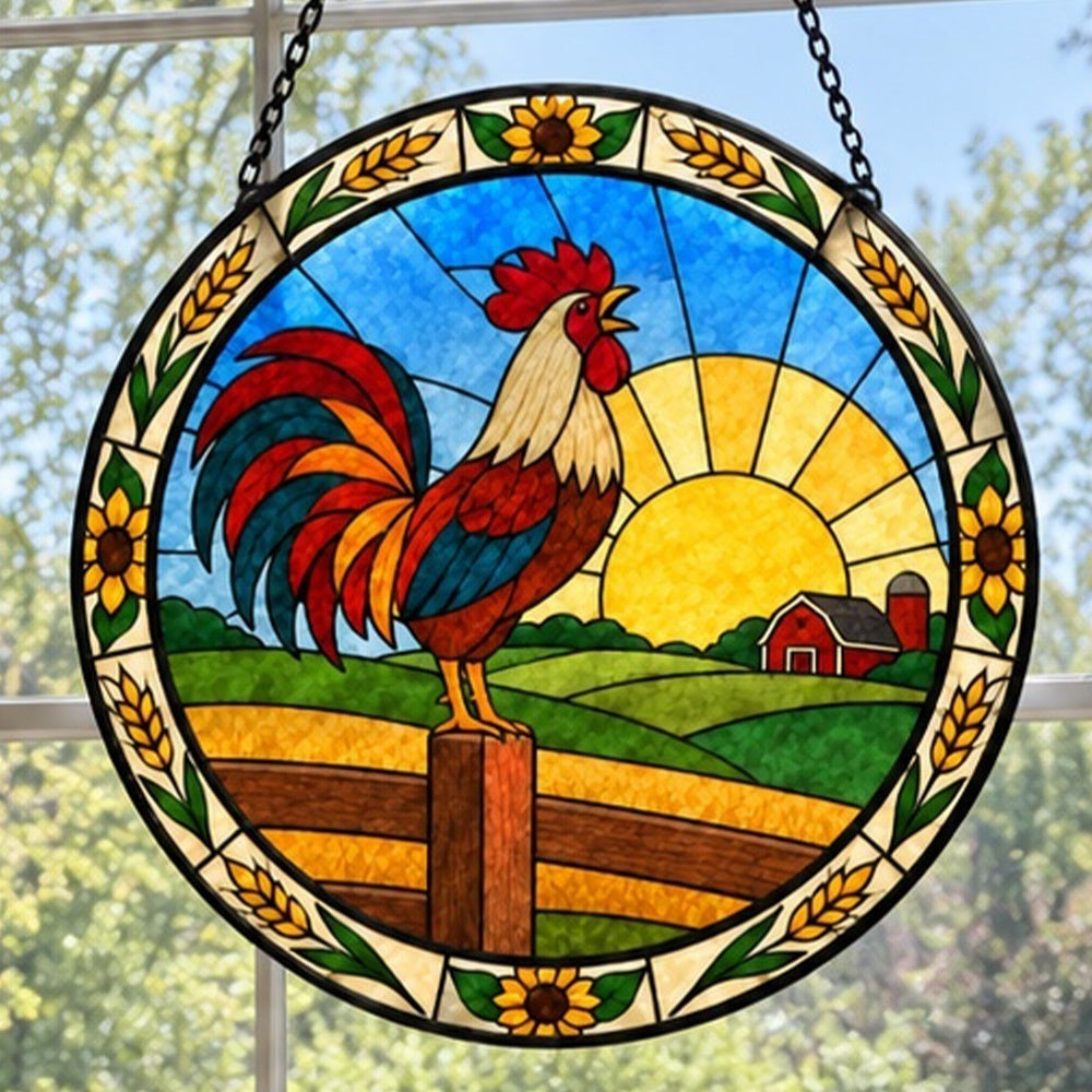 Rooster crowing stained glass suncatcher window hanging, suitable for home and garden decoration