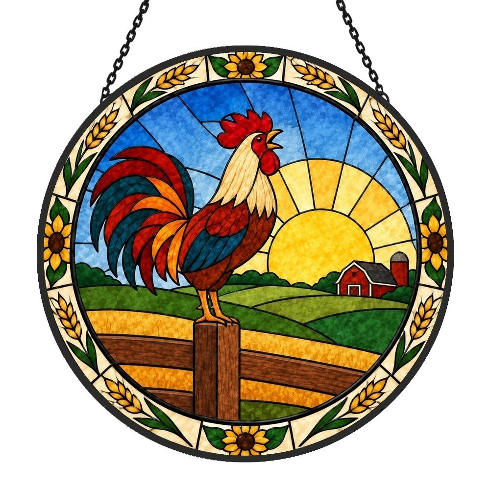 Rooster crowing stained glass suncatcher window hanging, suitable for home and garden decoration
