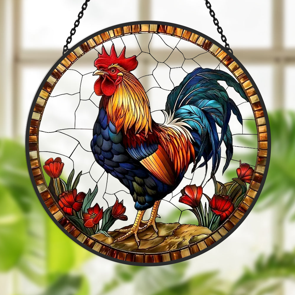 Rooster country floral stained glass suncatcher window hanging, suitable for home and garden decoration