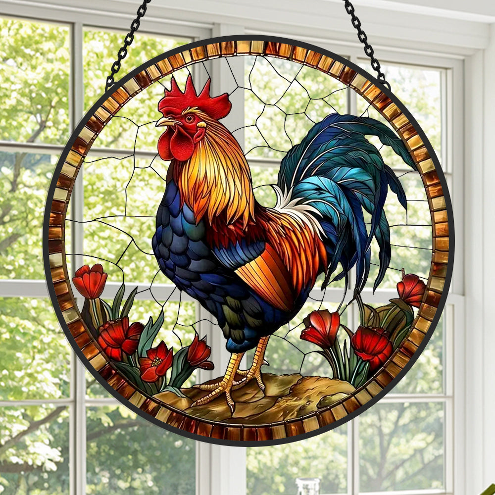 Rooster country floral stained glass suncatcher window hanging, suitable for home and garden decoration