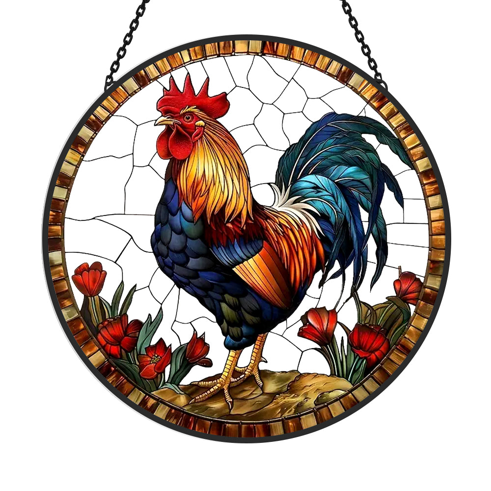Rooster country floral stained glass suncatcher window hanging, suitable for home and garden decoration